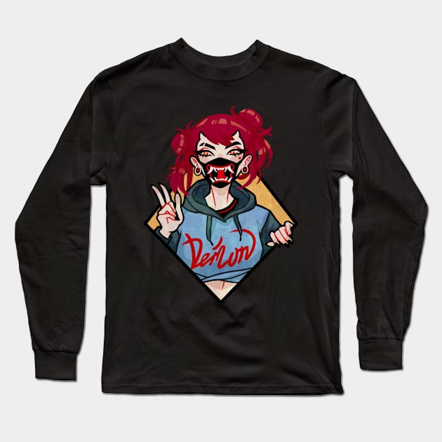 Demon girl with mask Long Sleeve T-Shirt by LinDemonic